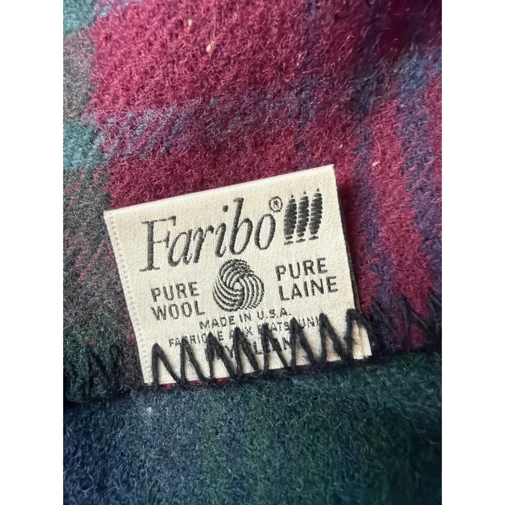 Faribo Pure Wool Blanket Full Queen Plaid Burgundy Green Vintage Made in USA